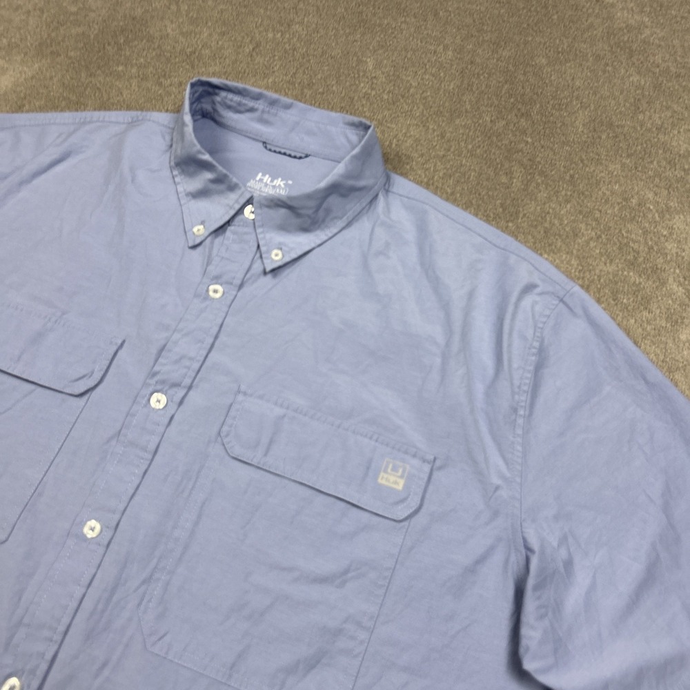 HUK Shirt Mens 2XL Blue Button Down Short Sleeve Casual Vented Fishing Stretch